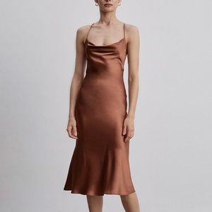 Silk Maison Lounge Cowl Neck Midi Silk Slip Dress in Copper
